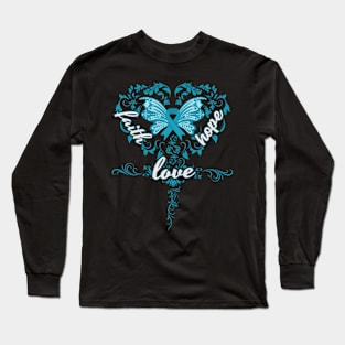 Obsessive Compulsive Disorder Awareness Faith Hope Love Butterfly Ribbon, In This Family No One Fights Alone Long Sleeve T-Shirt